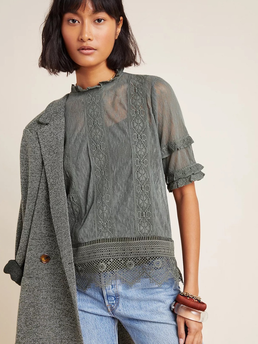 Anthropologie $68 Blue Tassel Mattie Lace Top in Moss Green